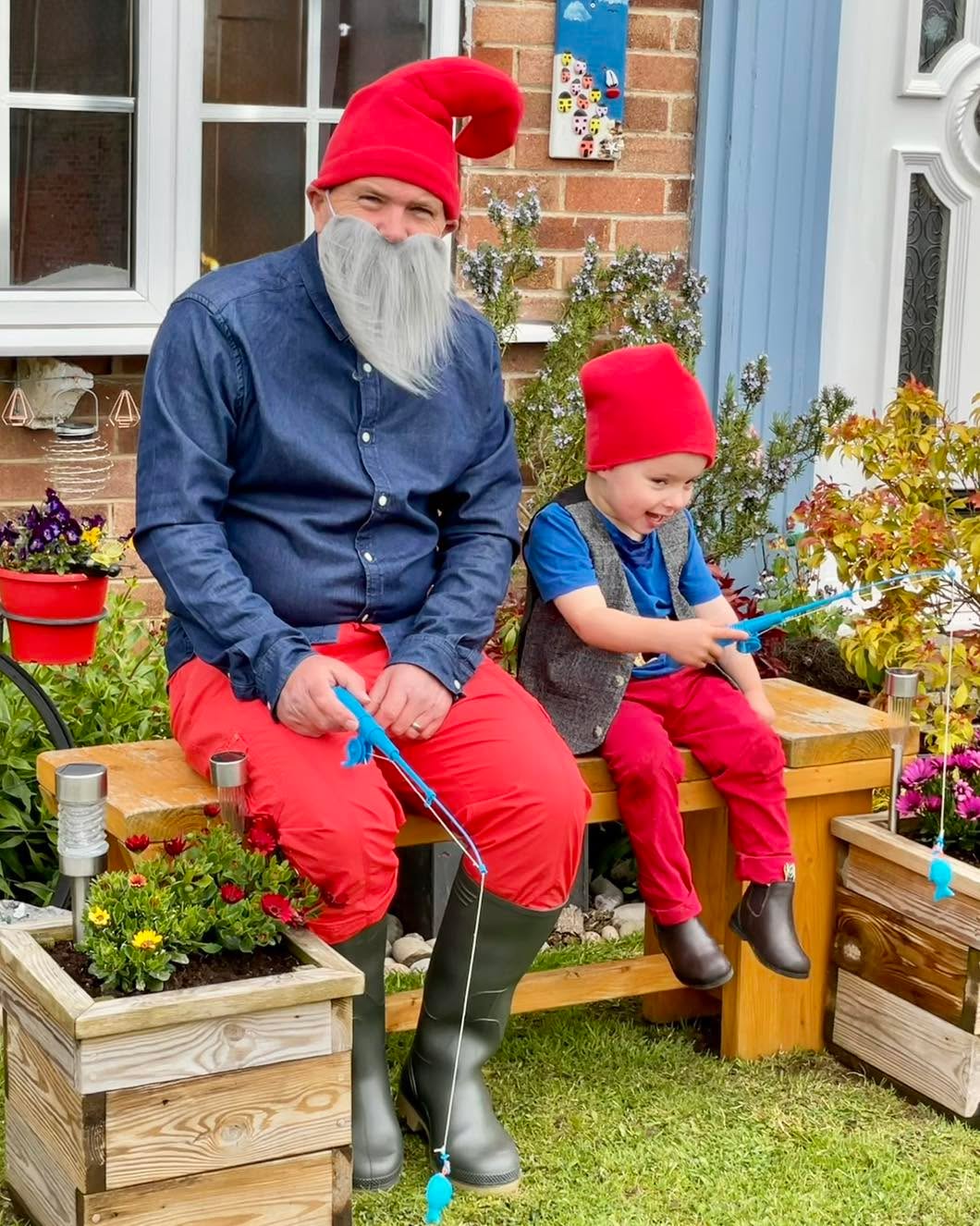 Me and Paul Robinson, The Laughing Gardener, dressed as matching gnomes